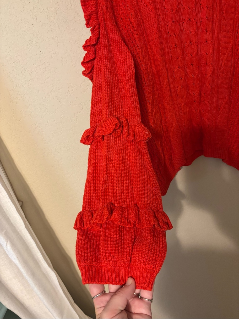 Express Red Ruffle Cable-Knit Crewneck Sweater - Picture 3 of 5